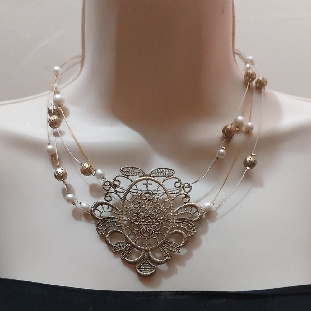 Intricate Victorian Style Pendant On Layered Wire Necklace Floating Beads OOAK